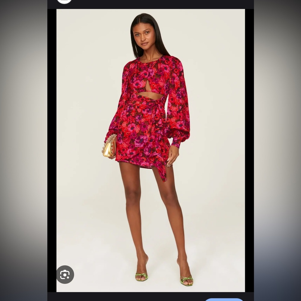 For Love & Lemons Lauren Long Sleeve Mini Dress Red Pink Florals Size XS NWT